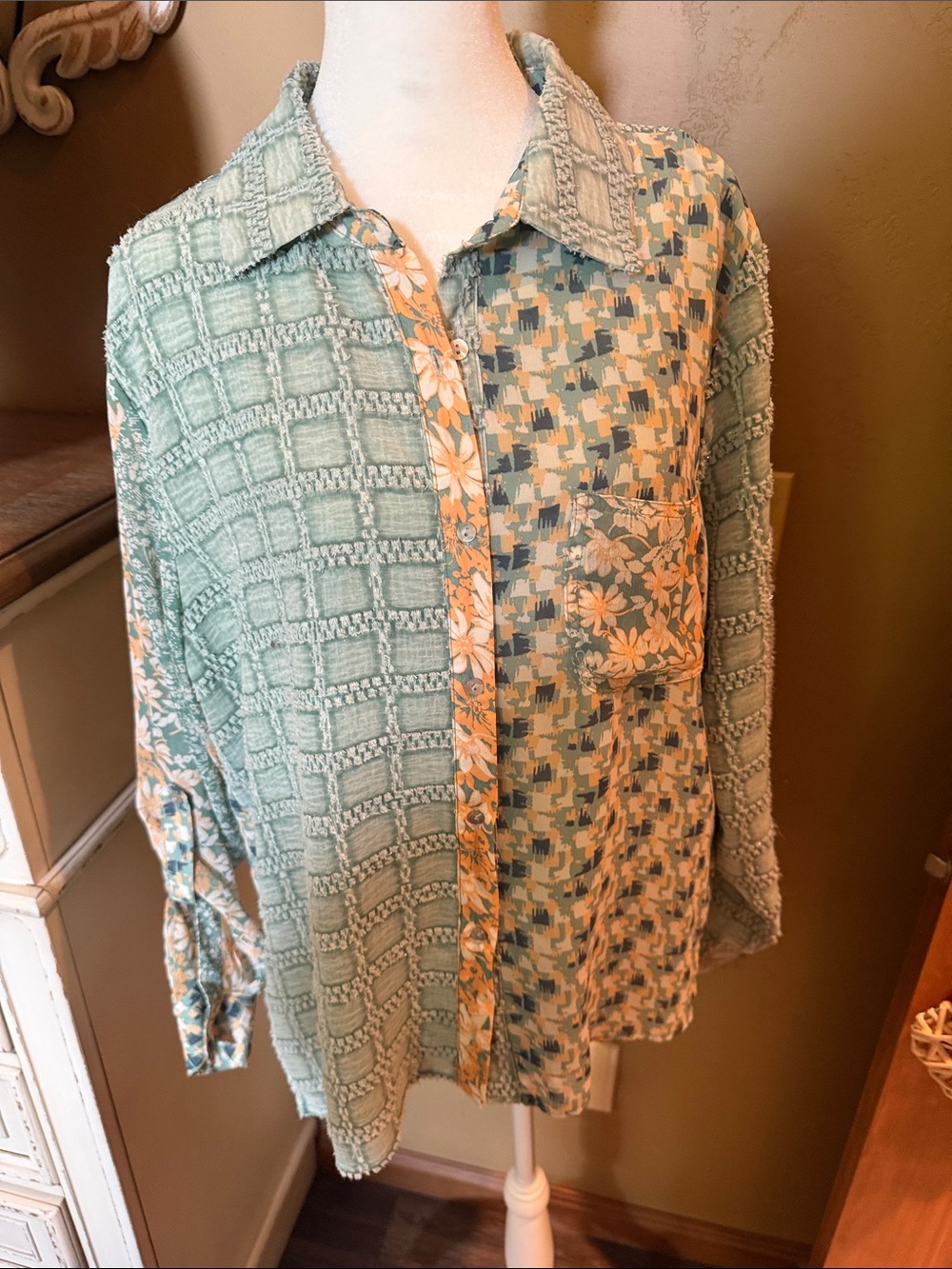 Light Green Patchwork Button-Up Shirt with Floral Trim